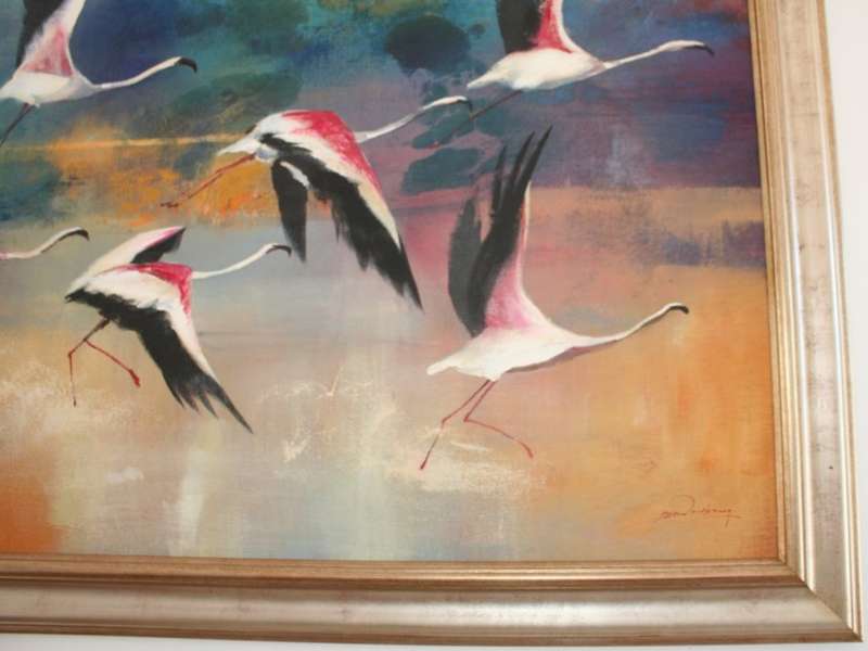 Flamingoes Acrylic on canvas, framed, by Derric van Rensburg HUGE, RARE & BEAUTIFUL