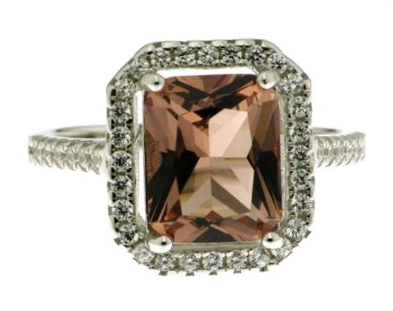 RING: Cz rectangular Morganite, simulated diamonds, sterling silver GLAMOROUS