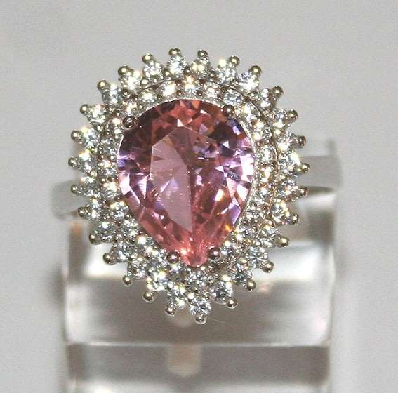 RING: pear CZ Morganite & CZ double halo, 19mm long, sterling silver GLAMOROUS. Ready for you