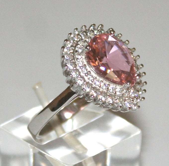 RING: pear CZ Morganite & CZ double halo, 19mm long, sterling silver GLAMOROUS. Ready for you