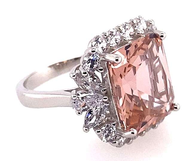 RING: square CZ Morganite & CZ halo, 18mm wide, sterling silver GLAMOROUS