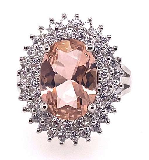 RING: oval CZ Morganite, double CZ halo, 23mm long, sterling silver