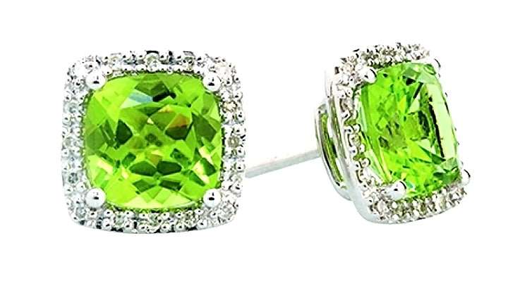 9k / 9ct white gold cushion Cluster EARRINGS: Peridot & Diamonds. Limited!