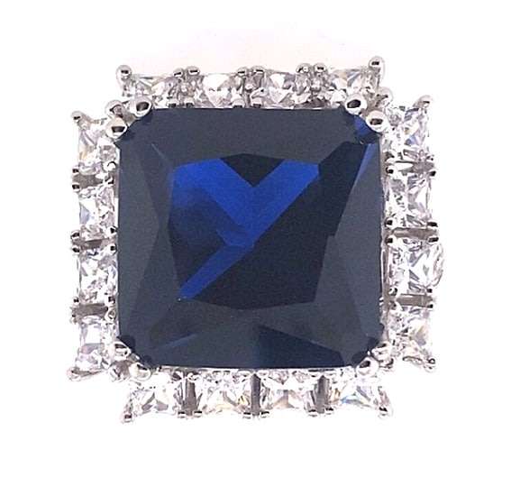 RING: square simulated Blue Sapphire & a CZ halo, sterling silver  GLAMOROUS