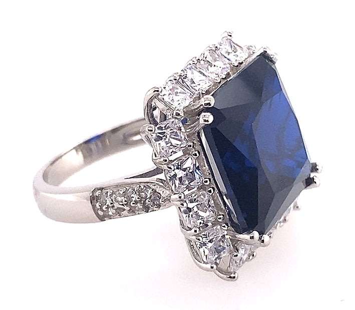 RING: square simulated Blue Sapphire & a CZ halo, sterling silver  GLAMOROUS