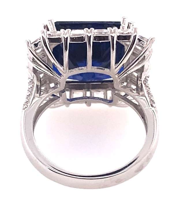 RING: square simulated Blue Sapphire & a CZ halo, sterling silver  GLAMOROUS
