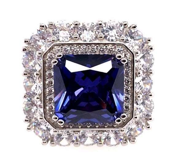 Cluster RING: cushion simulated Blue Sapphire, CZ double halo, sterling silver GLAMOROUS