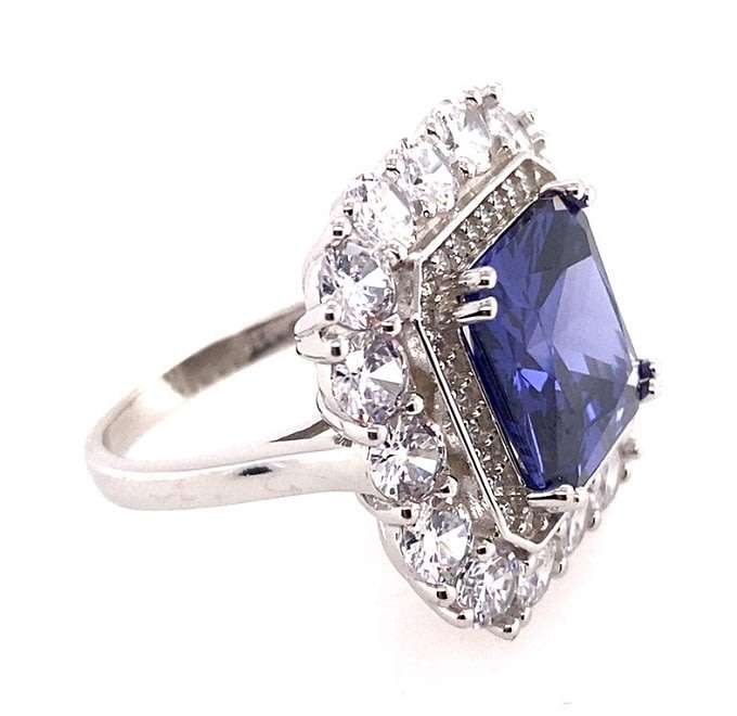Cluster RING: cushion simulated Blue Sapphire, CZ double halo, sterling silver GLAMOROUS