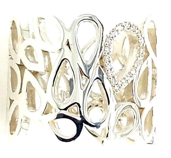 Designer BAND: pave CZ  & pear open cut, sterling silver, 16mm wide