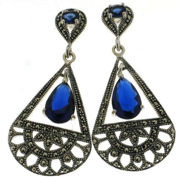 CZ blue sapphire & Marcasite drop EARRINGS: 50x23mm, sterling silver. Last pair!