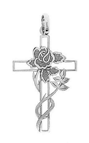 9k / 9ct white gold flat CROSS: rose, 29x17.7mm