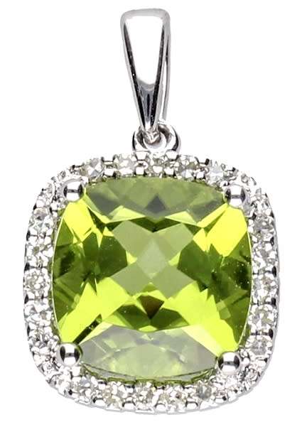 9k / 9ct white gold cushion cluster PENDANT: olive Peridot & diamonds