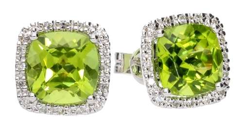 9k / 9ct white gold cushion Cluster EARRINGS: olive Peridot & Diamonds
