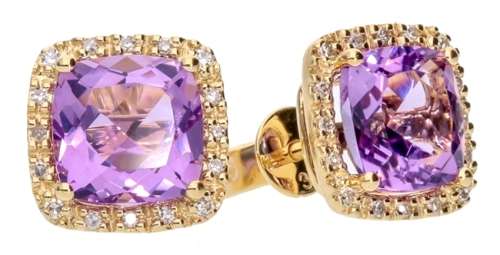 9k / 9ct yellow gold cushion Cluster EARRINGS: Amethyst & Diamonds