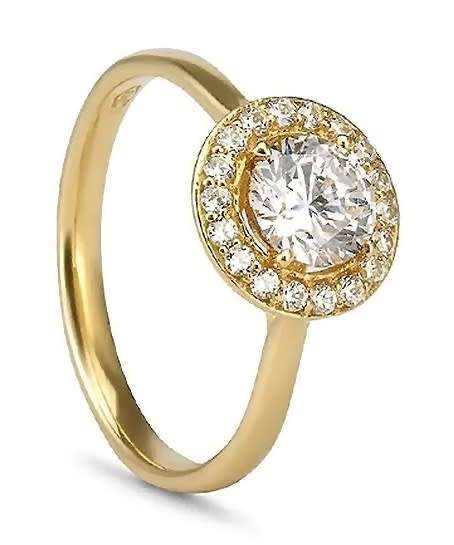 9k / 9ct yellow gold Engagement or Dress halo RING: simulated diamonds