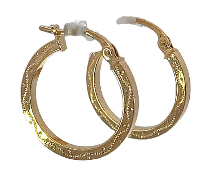 9k / 9ct gold etched, square tube hoop EARRINGS: 20x2mm. Last pair!