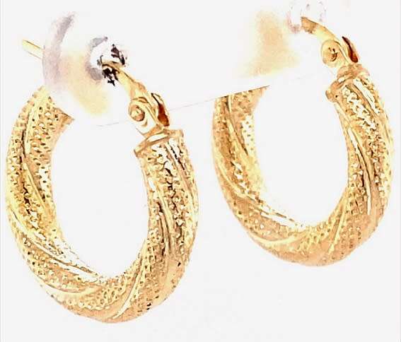 9k / 9ct gold twisted mesh tube hinged hoop EARRINGS: 16x3mm. Limited!