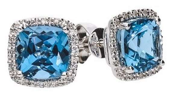 9k / 9ct white gold cushion Cluster EARRINGS: Swiss Blue Topaz & Diamonds