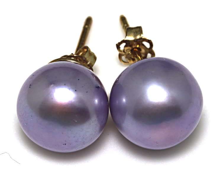 9k / 9ct gold & pearl stud EARRINGS: purple, 10-10.5mm