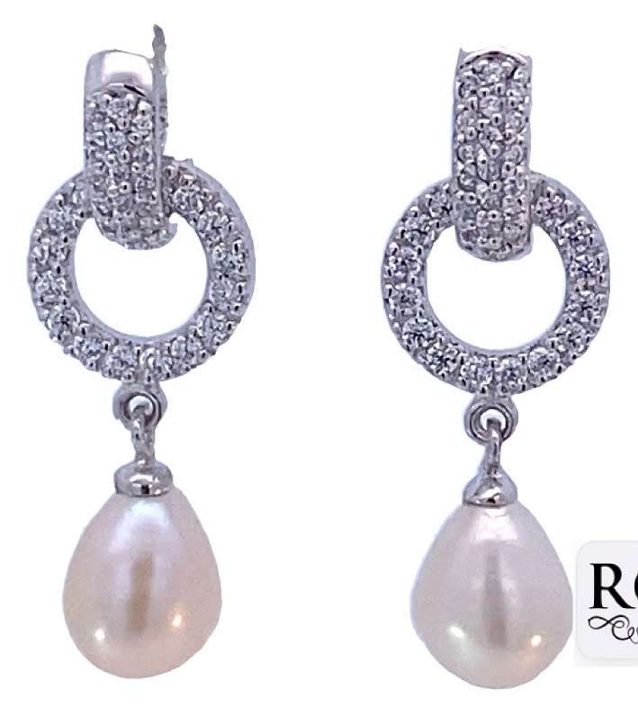 Huggie Cz EARRINGS: pearl drops, sterling silver. GLAMOROUS