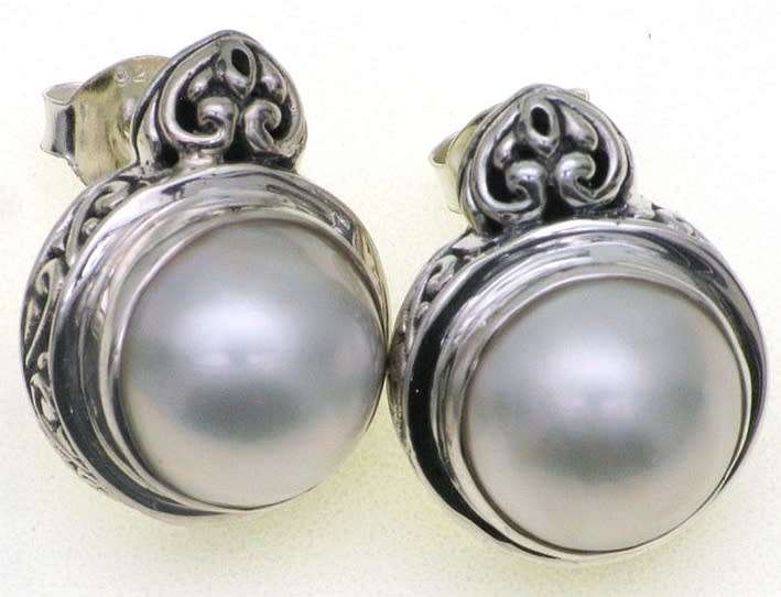 Sterling silver Earrings: silver/cream mabe pearls, scrollwork. GLAMOROUS. Limited!