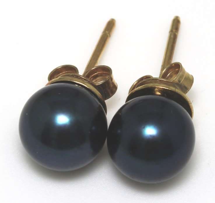 9k / 9ct gold & cultured pearl stud EARRINGS: peacock blue, 5-6mm