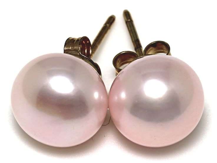 9k / 9ct gold & pearl stud EARRINGS: pink, 9.5-10mm. Last pair!