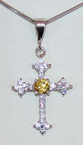 9k / 9ct white gold Cross: VIVID yellow centre CZ. A STUNNER! Ready for you. Last one!