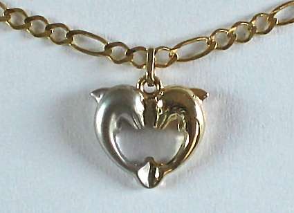 Double Dolphin Heart Pendant: 9ct yellow + white gold