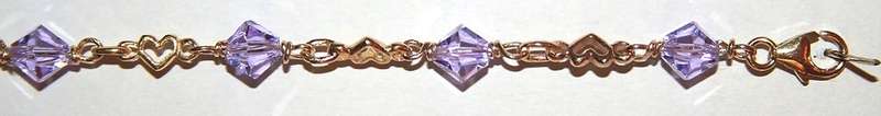 9k / 9ct gold Hearts BRACELET: Amethyst Swarovski crystal. Ready for you. Last one!