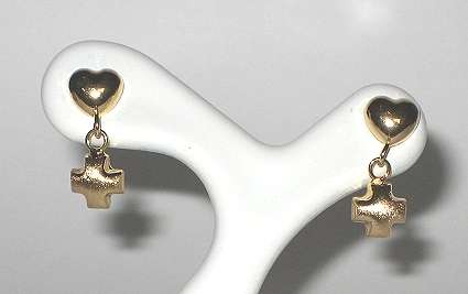 9ct gold Drop Earrings: Heart & Modern Cross = Stunners! Ready for you