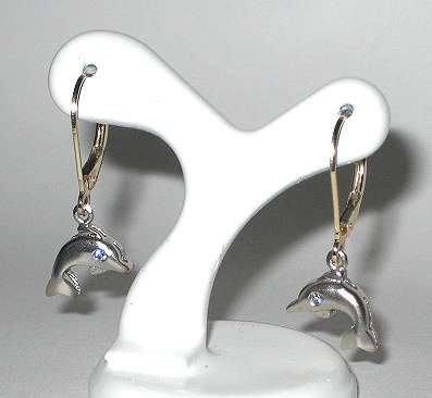 Dolphin Drop Earrings: 10k / 10ct yellow & white gold. Ready for you. Last pair!