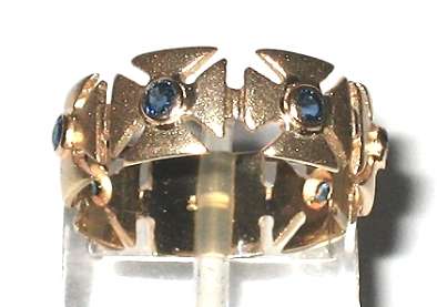 Designer BAND: 9ct gold, Blue Sapphires = "Old Portuguese Cross"