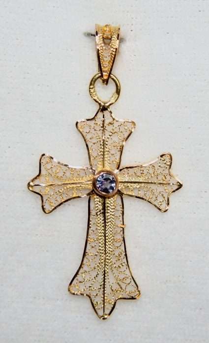 Filigree & Tanzanite CROSS: 19.2ct rose gold = "Ouro Portugues"