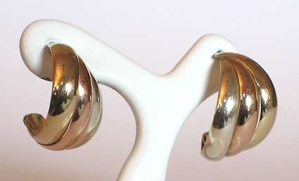 REDUCED MADLY - 3 colour 9ct gold Hoop Earrings. Discretely sumptuous