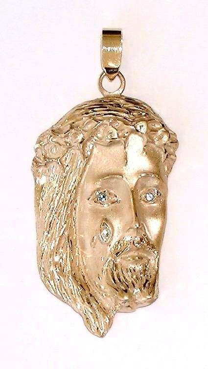LARGE 9k / 9ct gold `Face of Christ` pendant: blue topaz eyes
