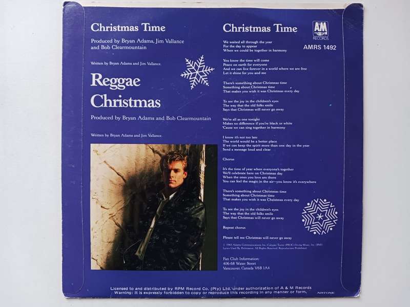 Bryan Adams - Christmas Time  / Reggae Christmas  ( scarce 1985 SA released 7` single NM )