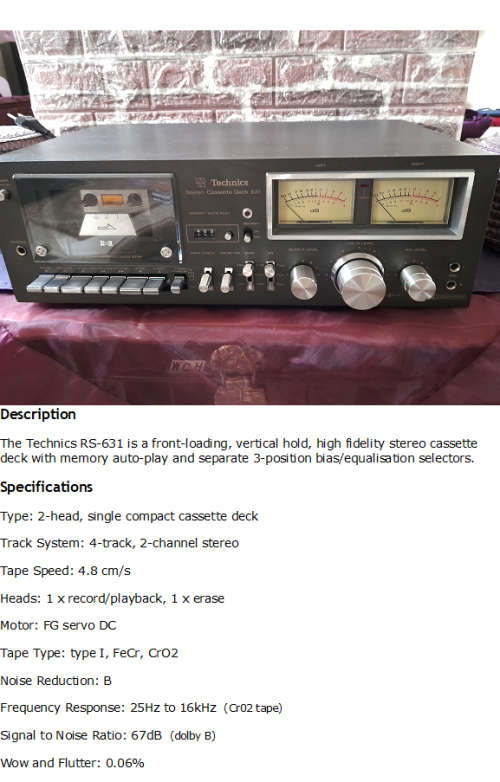 Stunning Technics RS-631 Tape Deck in mint condition at a Bargain Price.