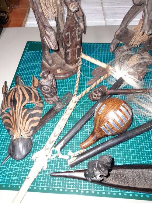 Job Lot of African Art Carvings and Musical Instruments