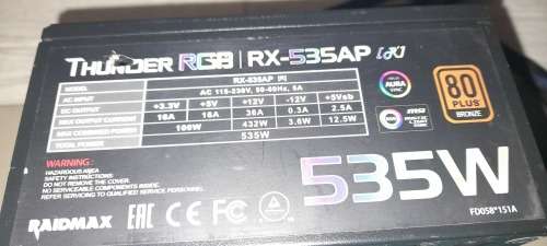 Raidmax Thunder RGB RX-535AP Power Supply with all extra cables in working condition
