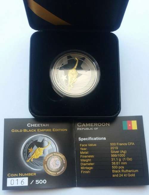PROOF 1OZ SILVER CHEETAH BLACK  RUTHENIUM AND 24KT GOLD FINISH(MINTAGE 500)