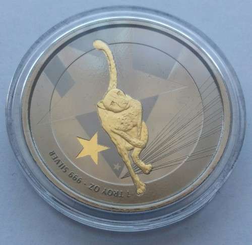 PROOF 1OZ SILVER CHEETAH BLACK  RUTHENIUM AND 24KT GOLD FINISH(MINTAGE 500)