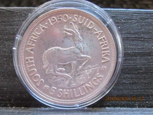 Brilliant!!!Scarcer 1950 SA Union 5 Shillings/Crown 80% silver in capsule (Gradeable)