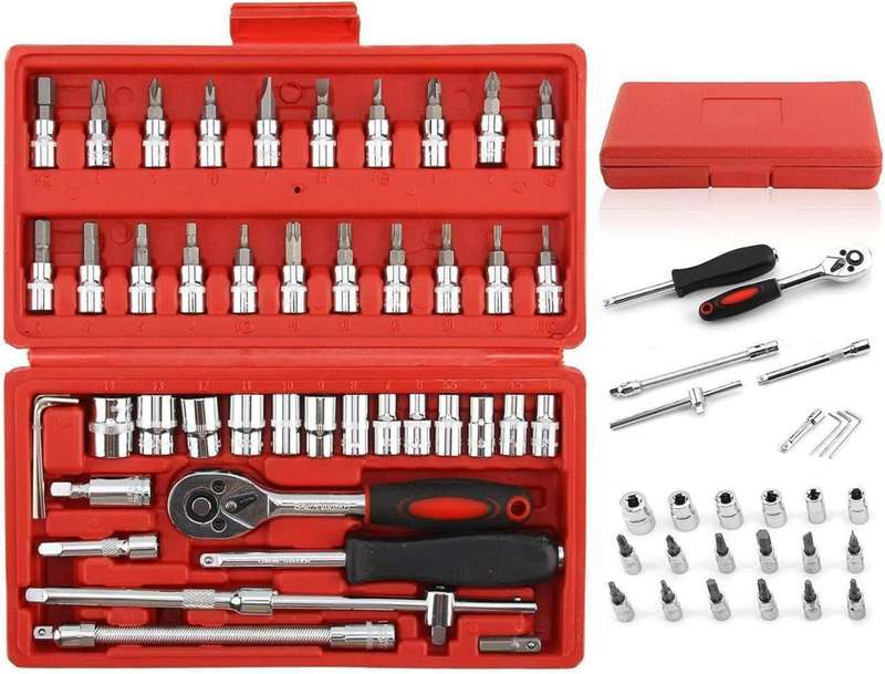 46 Pcs Drive Socket Ratchet Wrench Set with Bit Socket Set Metric and Extension Bar