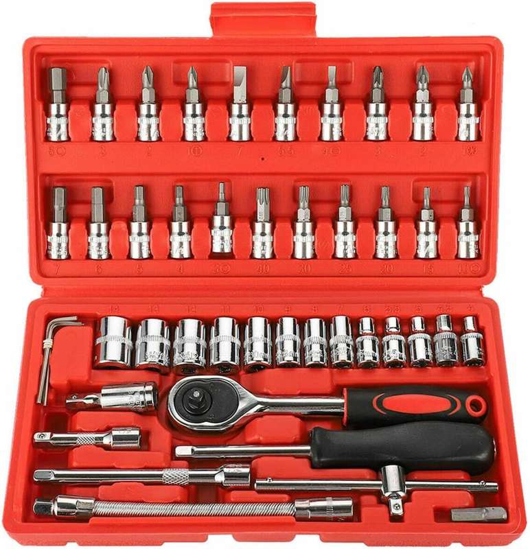 46 Pcs Drive Socket Ratchet Wrench Set with Bit Socket Set Metric and Extension Bar