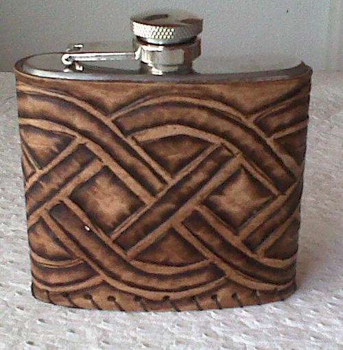 Tooled Leather Cased Stainless Steel Hip Flask