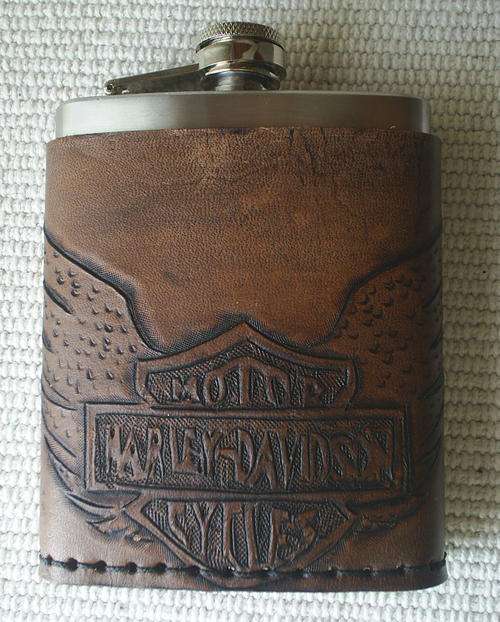 Hand Carved Leather/Stainless Steel Hip Flask 7oz