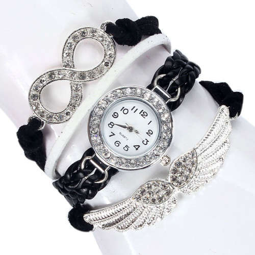 Womens Stainless Steel Band Weave Wrap Quartz Leather Angel Wings and Infinity Wrist Watch