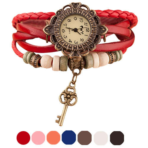Retro Vintage Quartz Weave Around Leather Key Bracelet Watch (White, Brown, Black, Red)