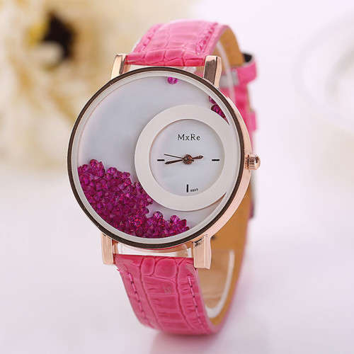 Woman PU Leather Quicksand Rhinestone Quartz Bracelet Wristwatch (4 Colours to choose from)